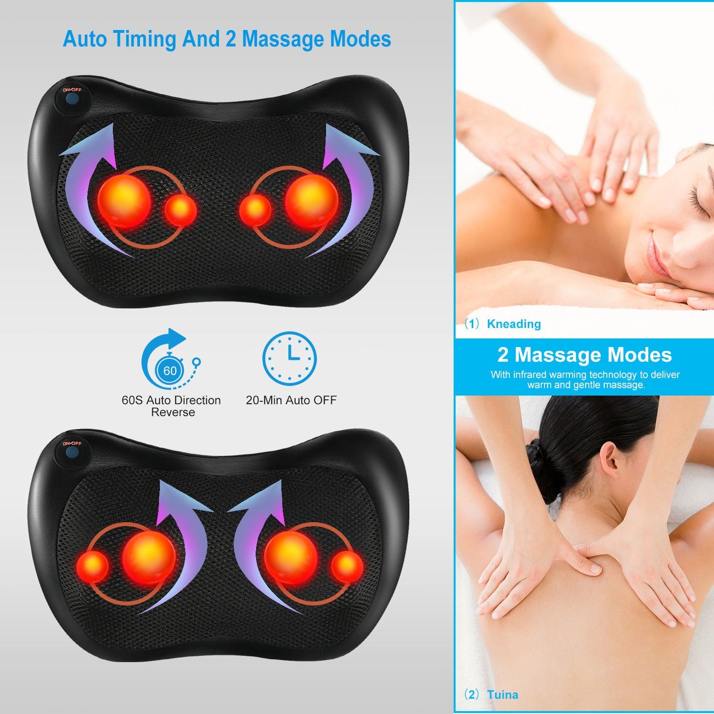 iMountek Neck & Back Therapeutic Massage Pillow: Kneading Relief for On-the-Go and Home Use